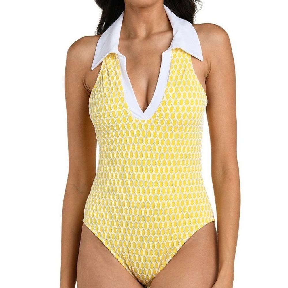 La Blanca Prep Collared Swimsuit Soleil Yellow Geometric One Piece LB6DG28-SOL 8